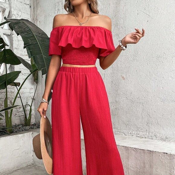 Red Boho Womens Off Shoulder Ruffle Trim Top & Wide Leg Pants - Picture 5 of 5